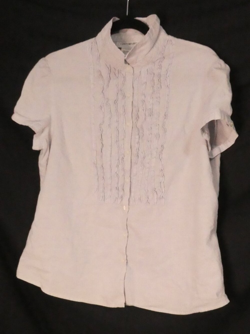 CONTEMPORAINE Simons White and Blue Stripe Ruffled Bib Short Sleeve Blouse - XL